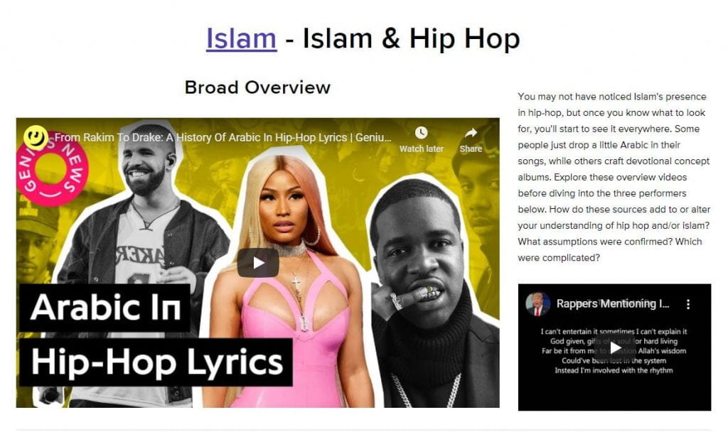 Screenshot of webpage for Islam and hip hop lesson