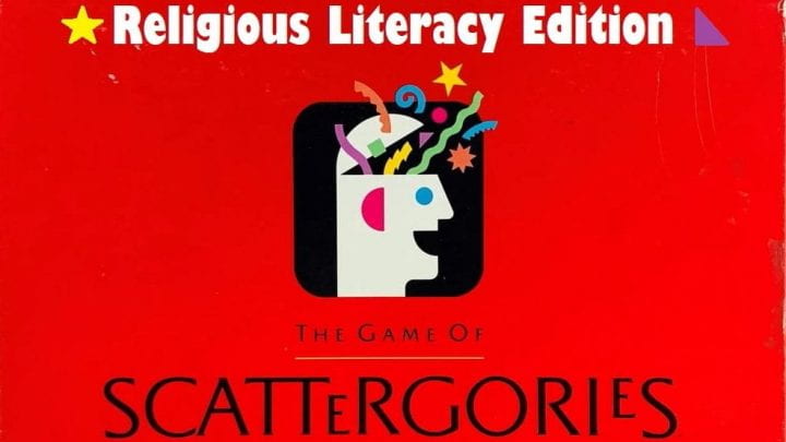 Red game box that says Scattergories Religious Literacy Edition