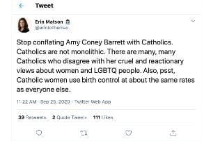 Tweet saying Amy Coney Barrett does not represent all Catholics